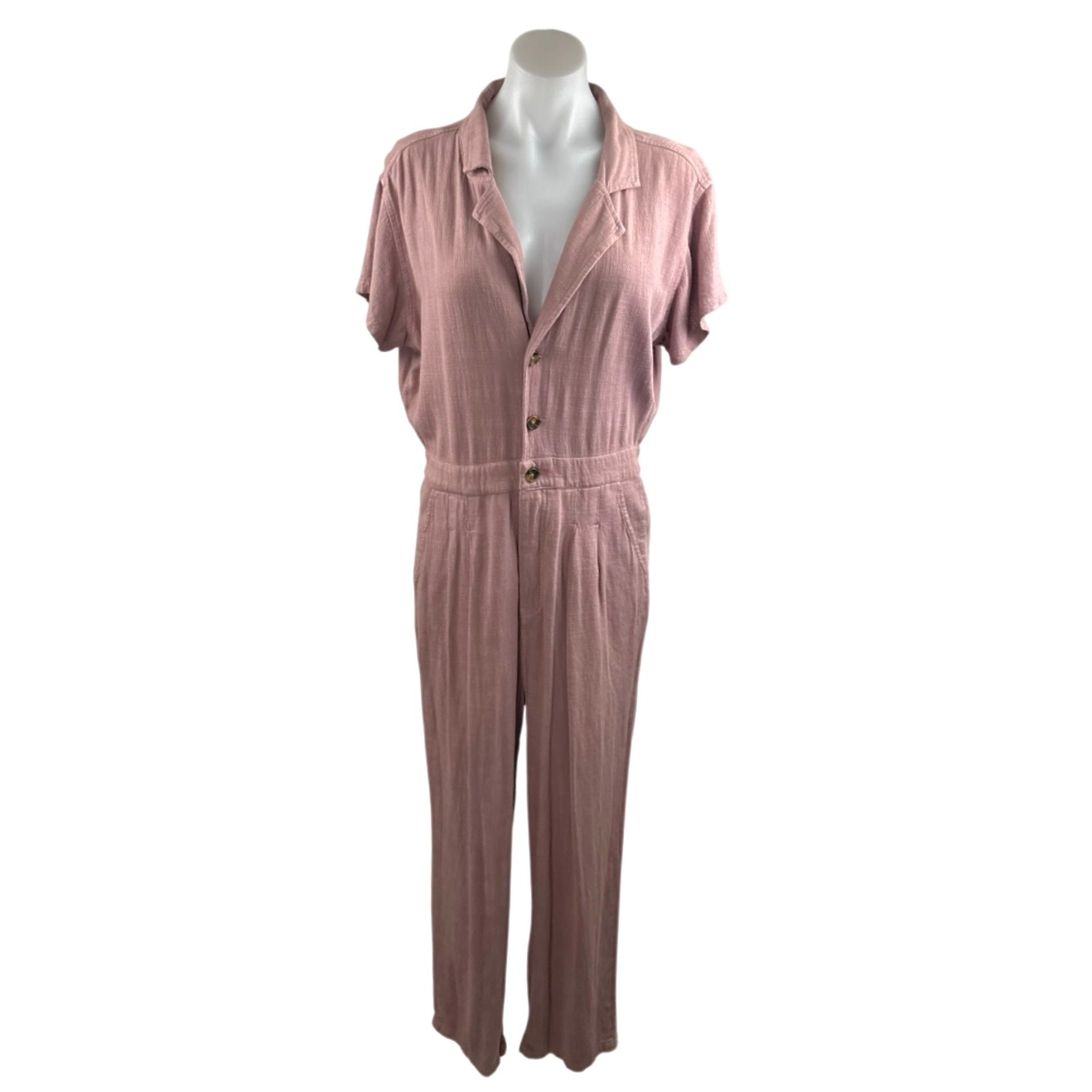 Free People Margot Pink Linen Short Sleeve Button Straight Leg Romper Jumpsuit M